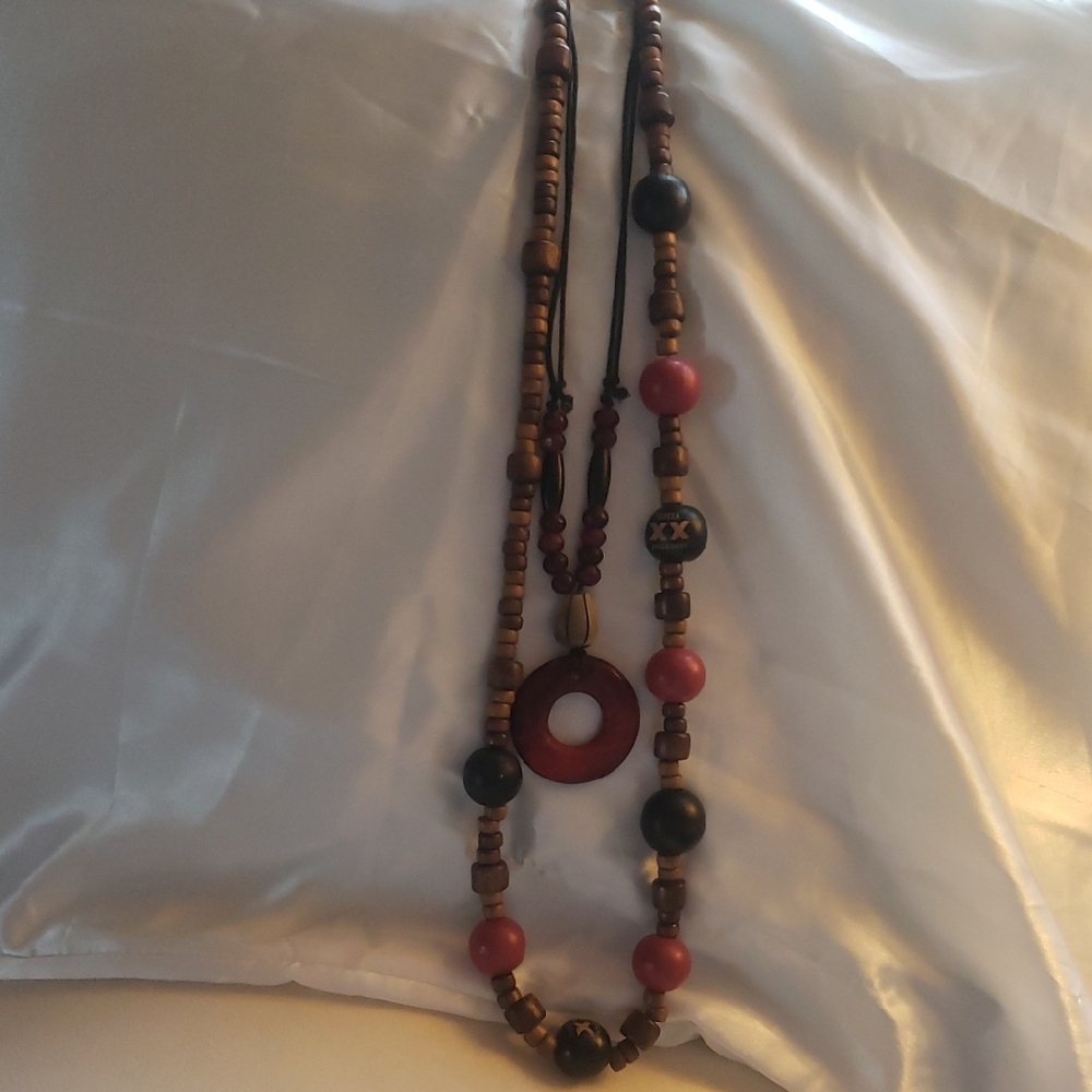 Wooden Beaded Necklace with Red and Brown Accents